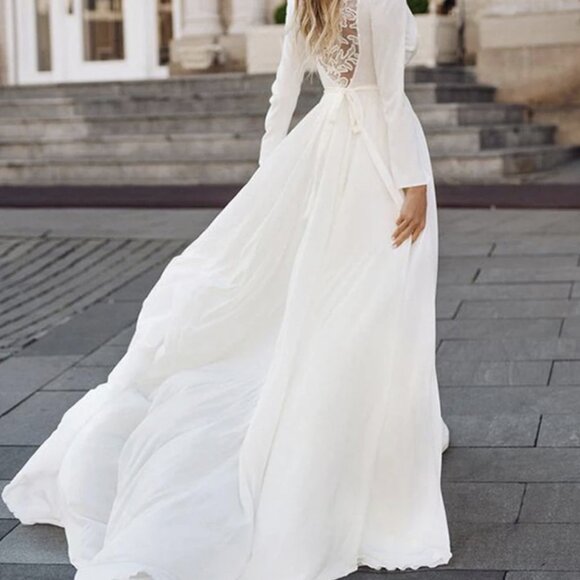 Elegant Long Sleeve A-Line Wedding Dress – Illusion Lace Back & Flowing Train - Picture 1 of 15